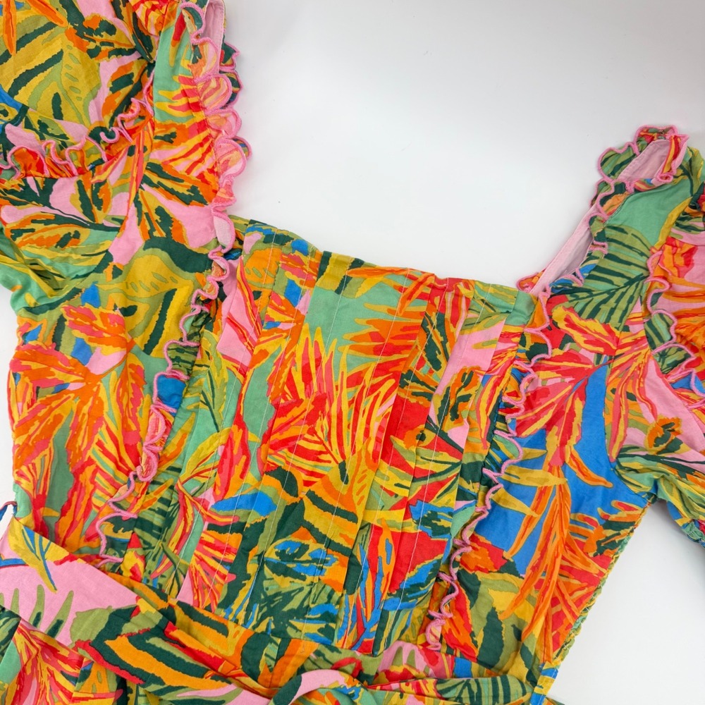 J. Marie Romper Women Large Multi Tropical Floral Puff Sleeve Belted